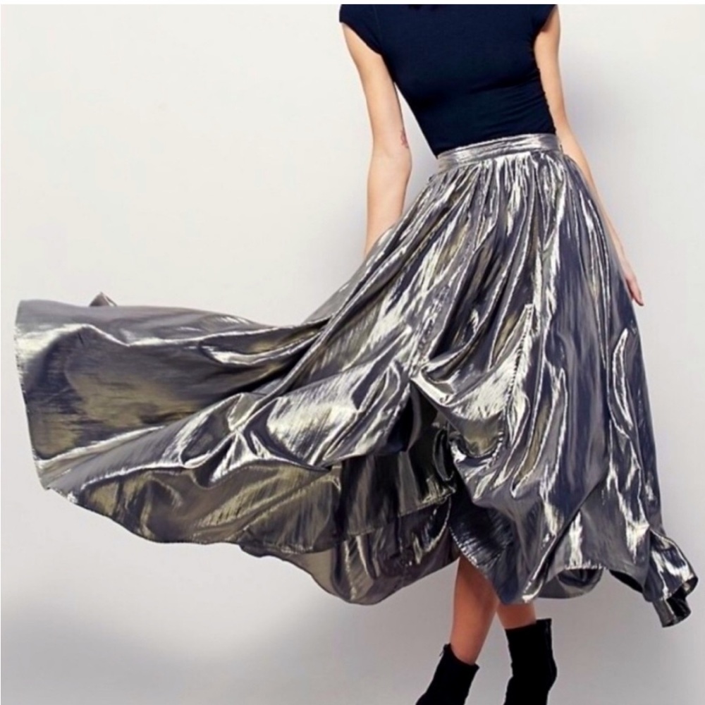 Free People Metallic Gold Silver Maxi Skirt New Years Holiday Christmas Sz 6